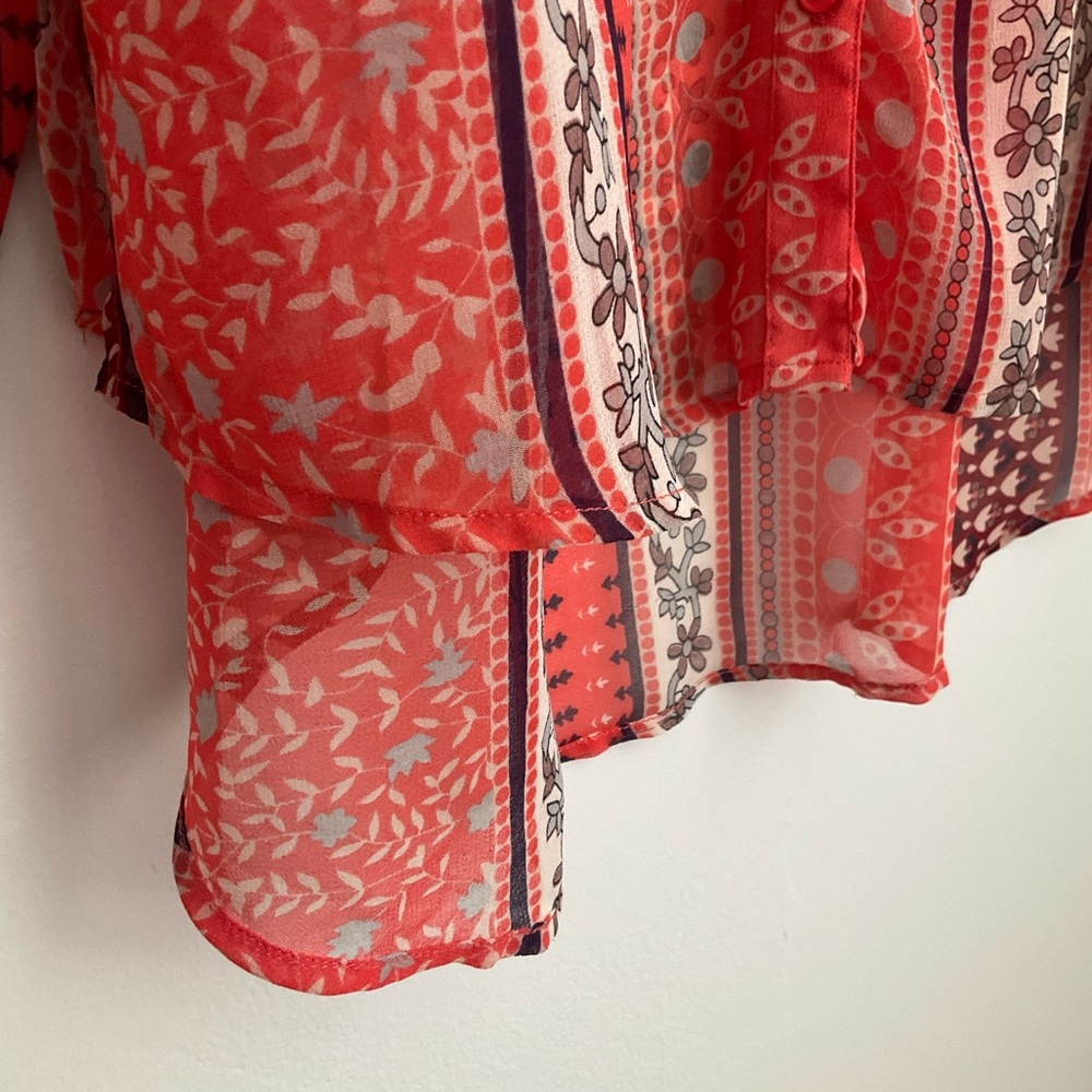 Free People SP Sheer Coral-Red Multi Pattern Button-Up  Tunic Blouse - Picture 5 of 9